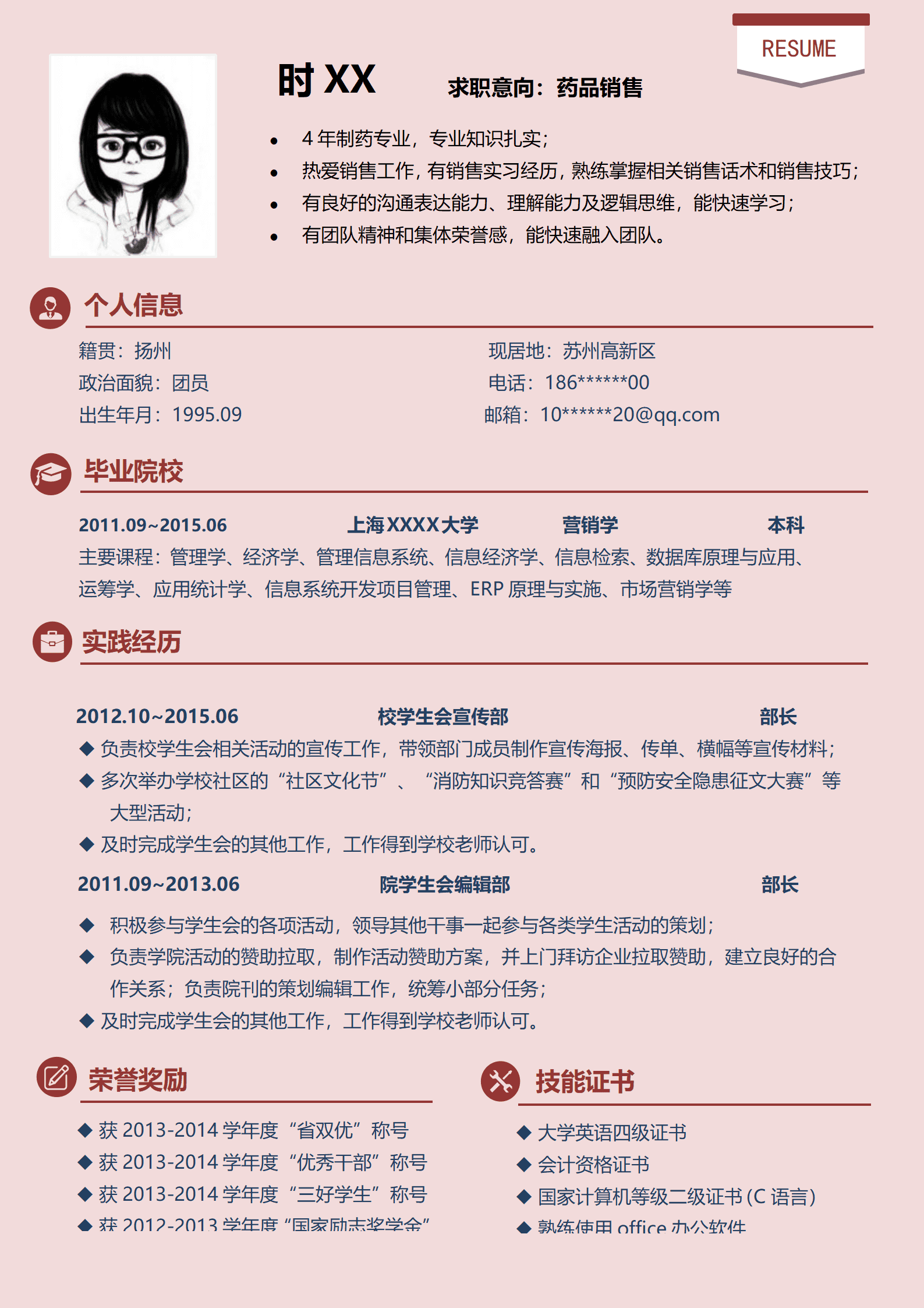 qiyey-000996药品销售岗位简历模板/