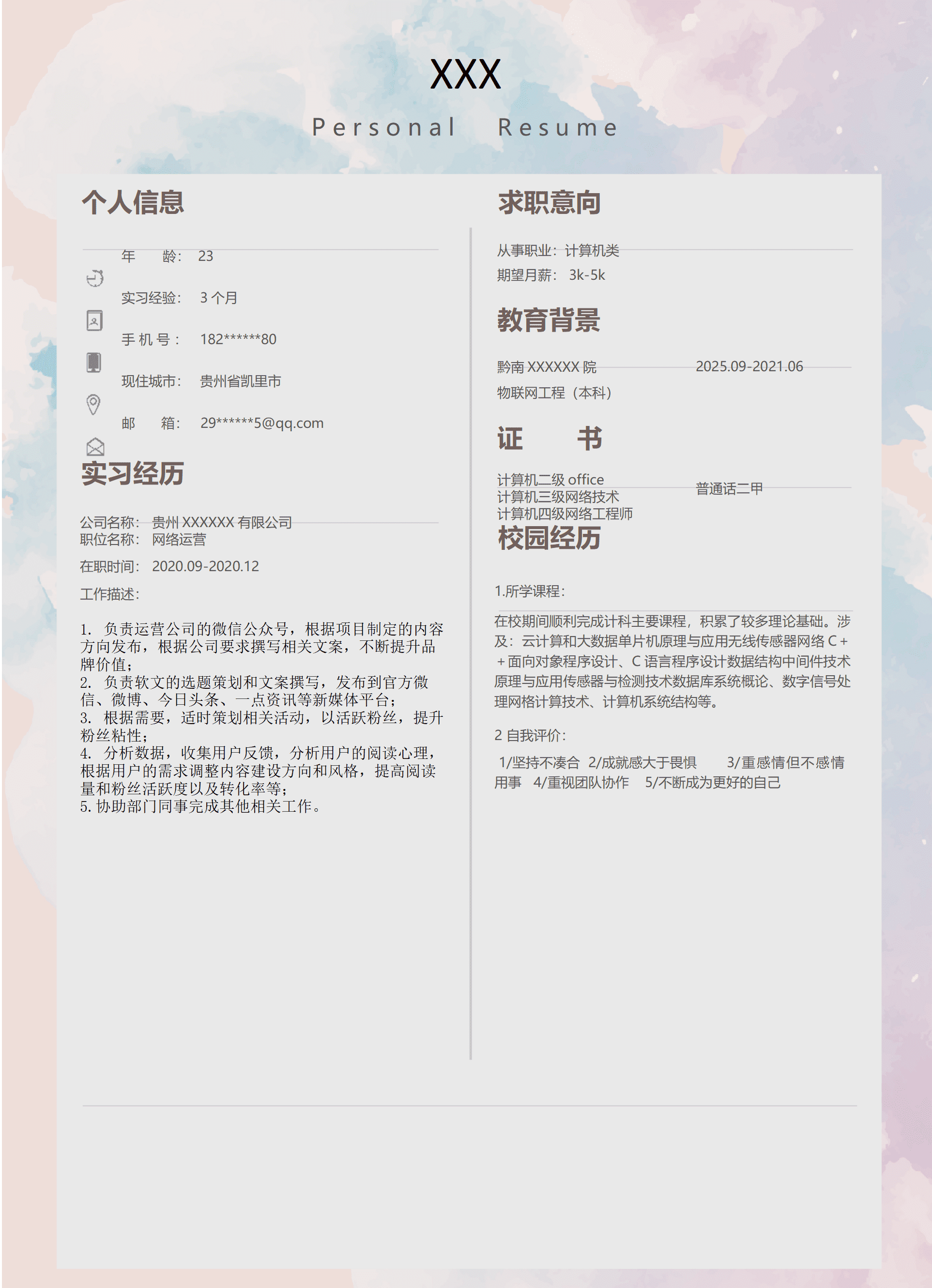 qiyey-000831网络营运文案企划类岗位求职简历模板/