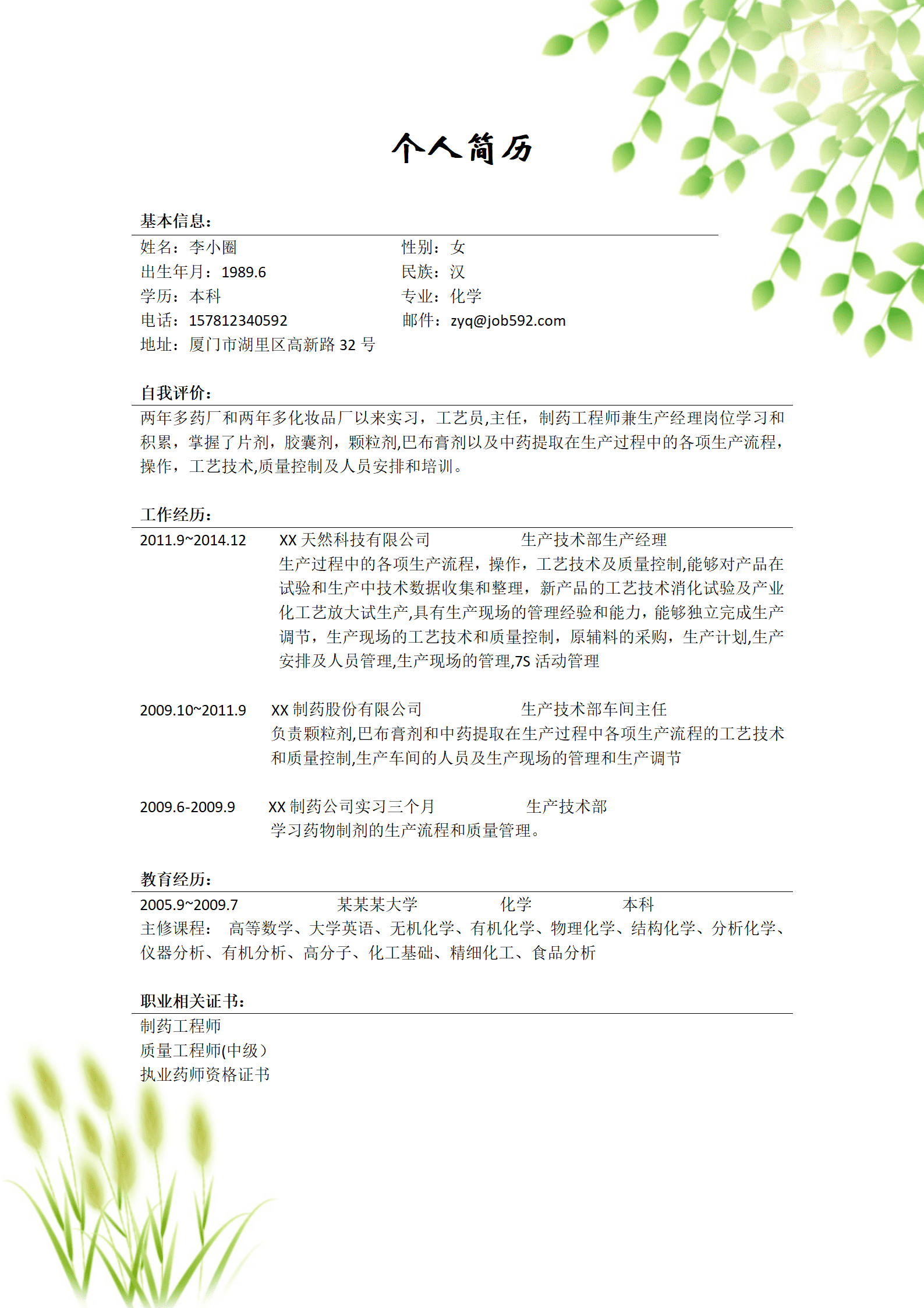 qiyey-000623求职制药工程师应聘简历模板/