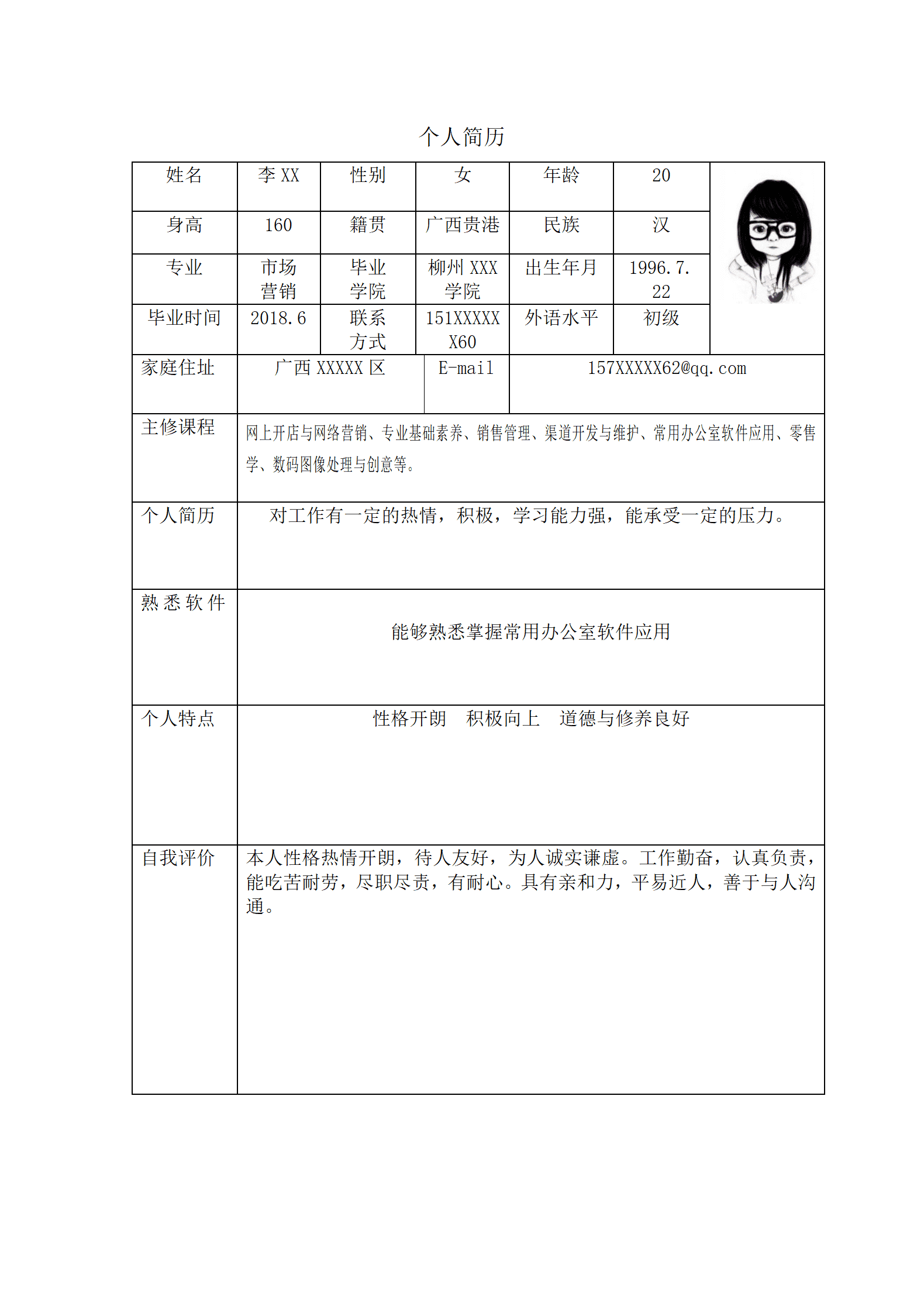 qiyey-000744市场营销专业自荐简历模板/