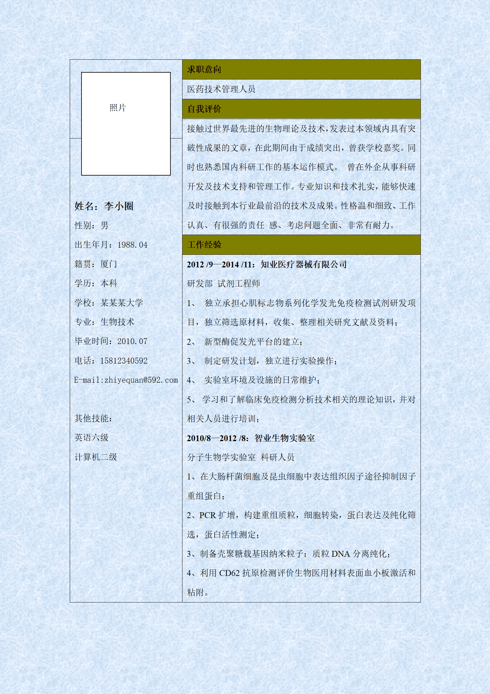 qiyey-000696生物技术专业应聘医药管理-/
