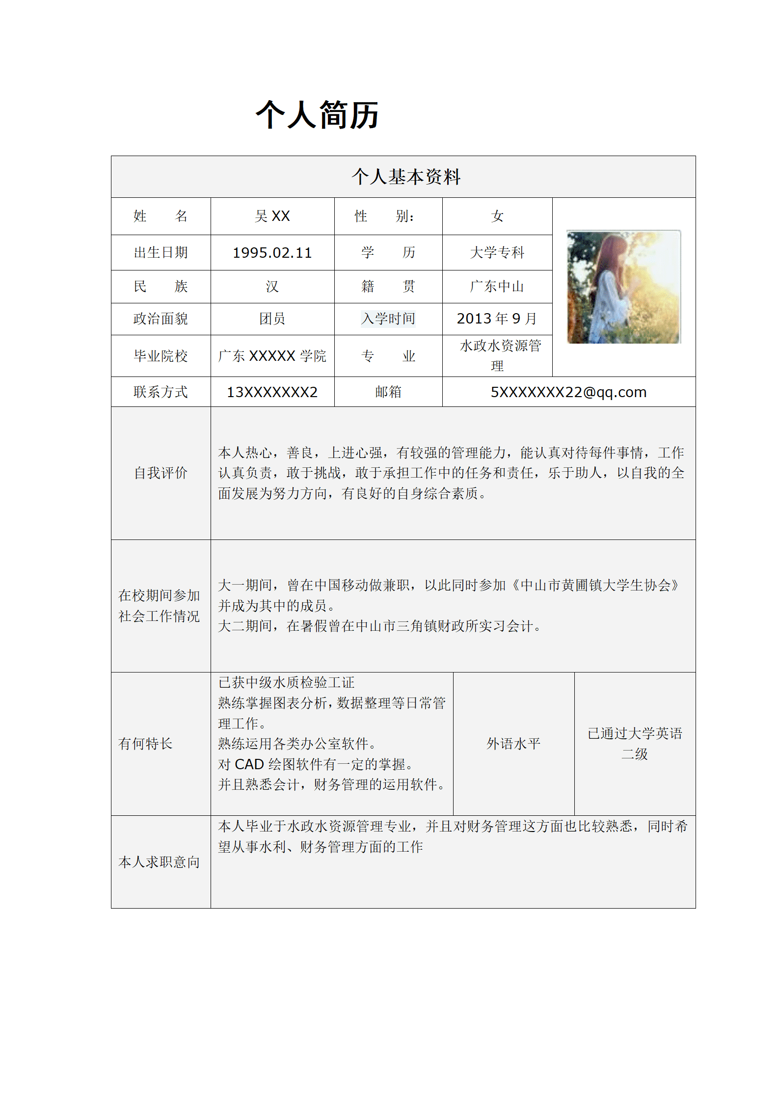 qiyey-000779水政水资源管理专业简历模板/