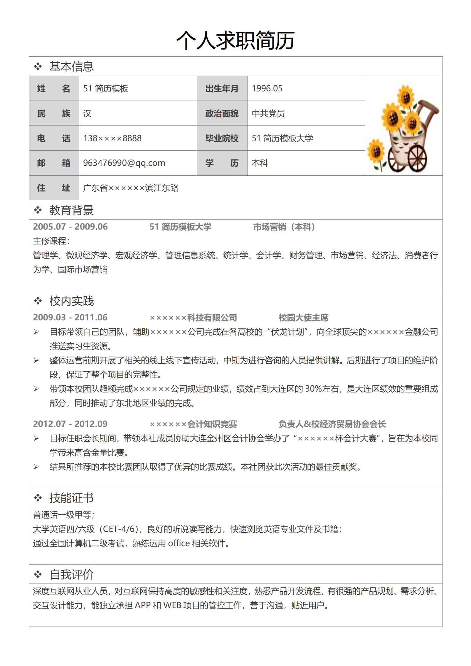BGBY-0008带照片有内容市场营销专业表格简历模板/