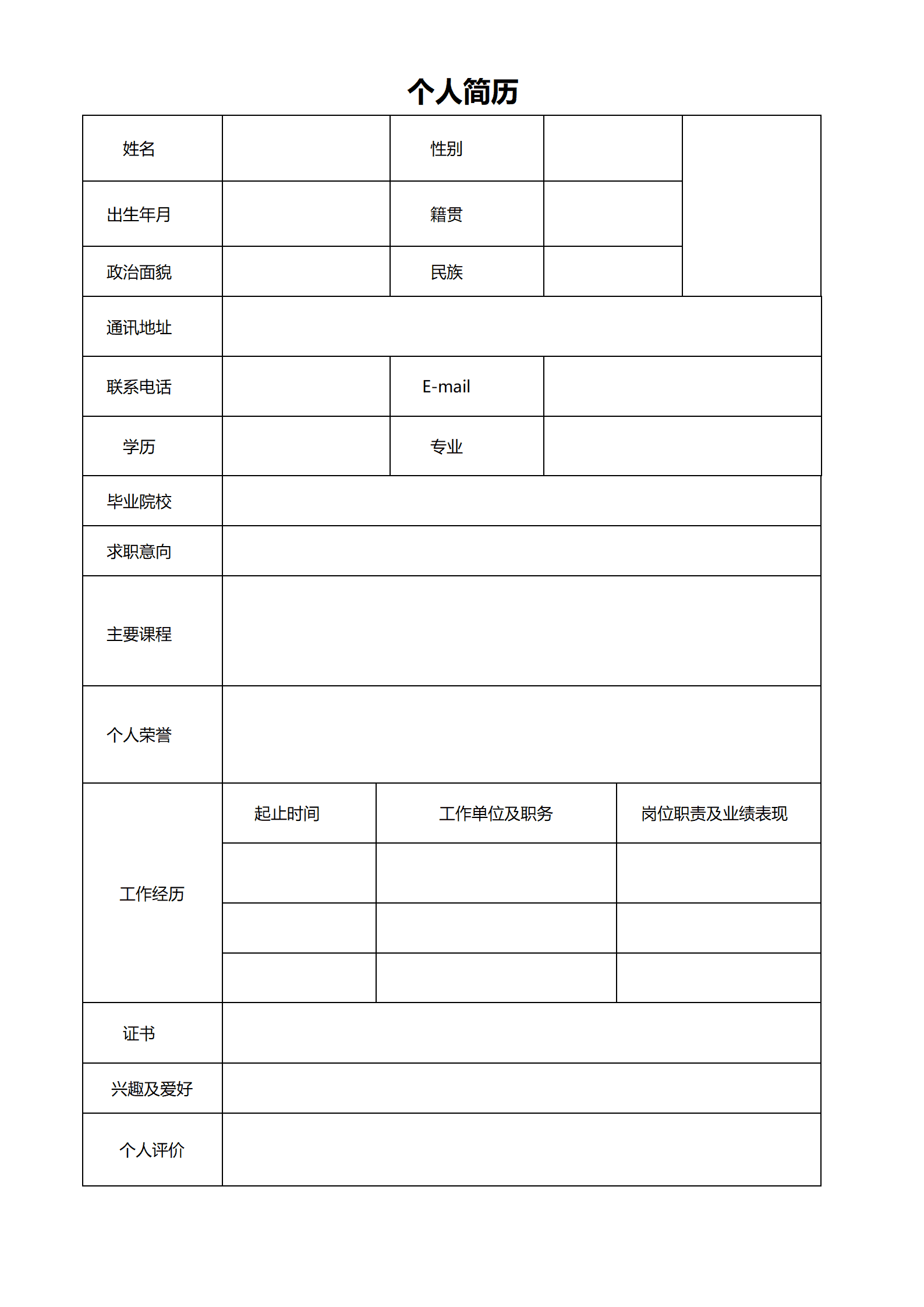 JYDE-000108空白个人表格简历模板下载word格式/