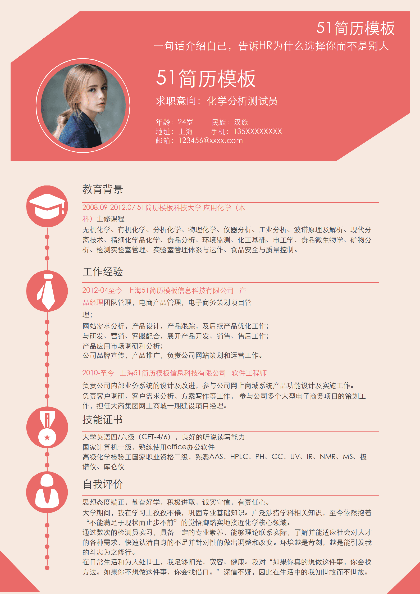 ZWSY-00068简约风化学分析测试员简历Word简历模板/
