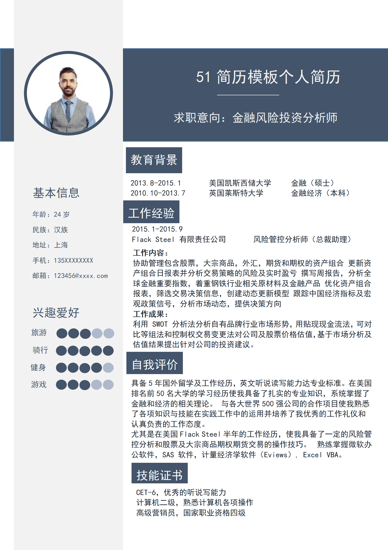 ZWSY-000130商务风金融风险分析师求职简历Word模板/