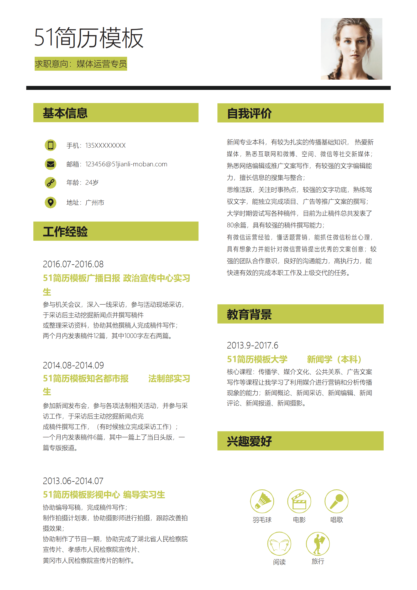 SYY-00083媒体运营专员简历通用Word简历模板/