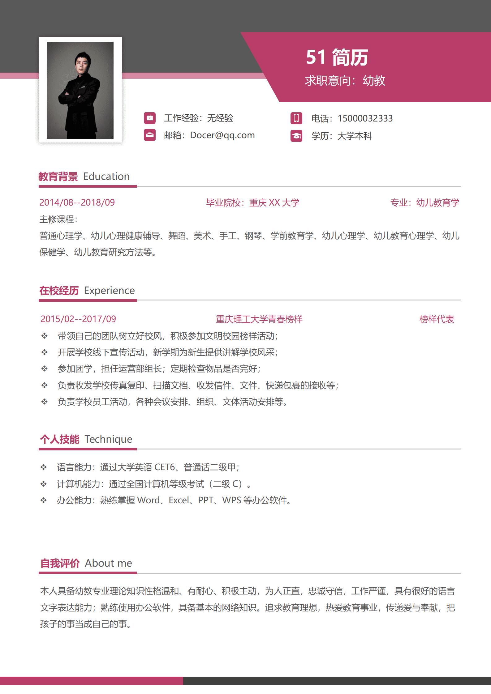 SYY-00060简约现代幼教个人求职简历Word模板/