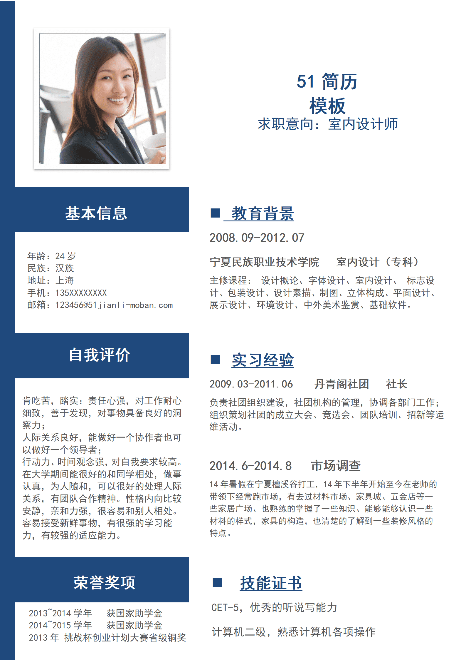 SYDE-00065蓝色商务风室内设计师简历word模板/