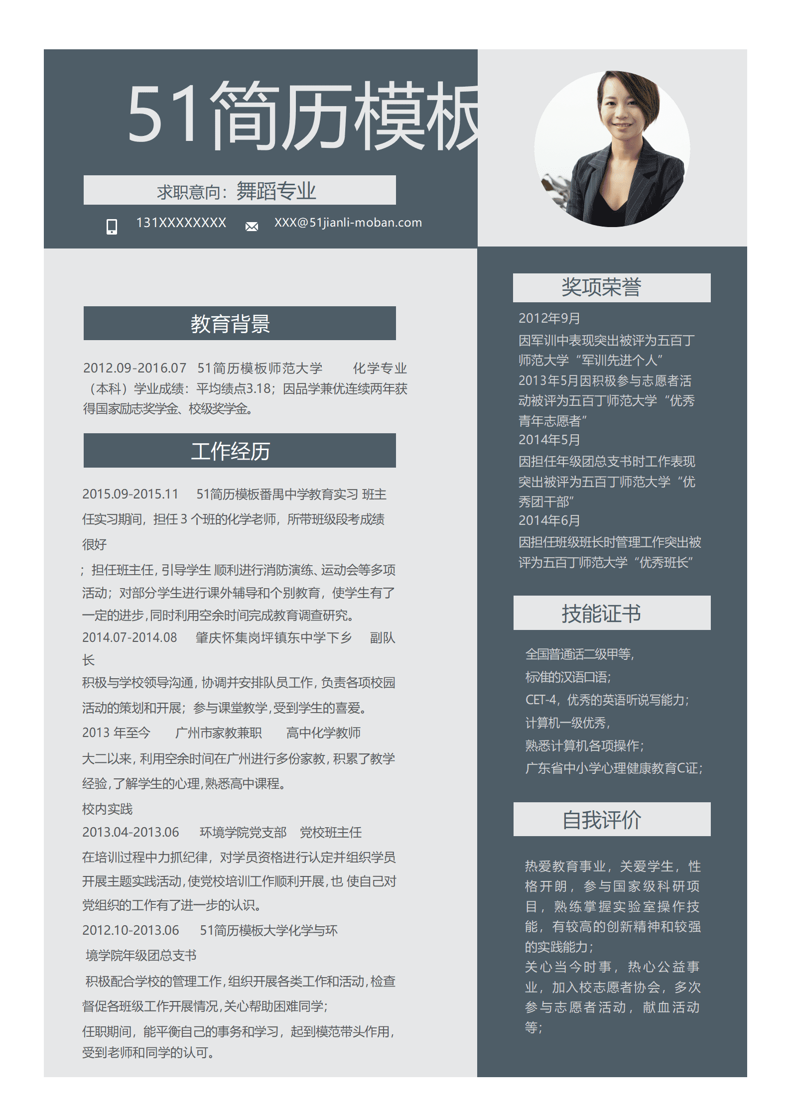 SYDE-00048简约深蓝色系舞蹈专业简历WORD简历模板/