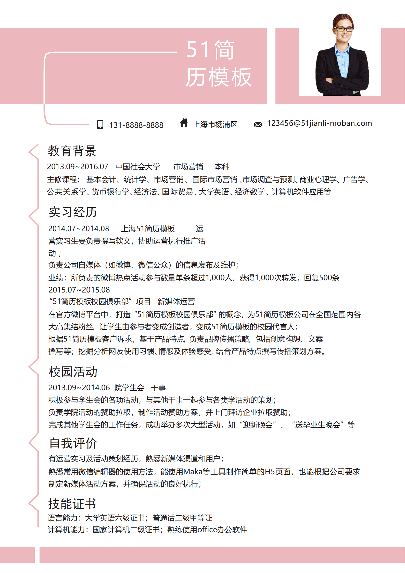 SYDE-0006淡粉色时尚新媒体运营简历Word简历模板/