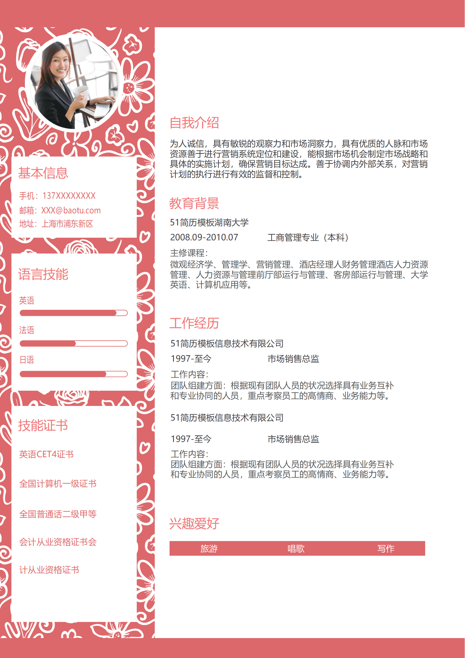 SYDE-00095小清新市场销售总监求职简历Word模板/