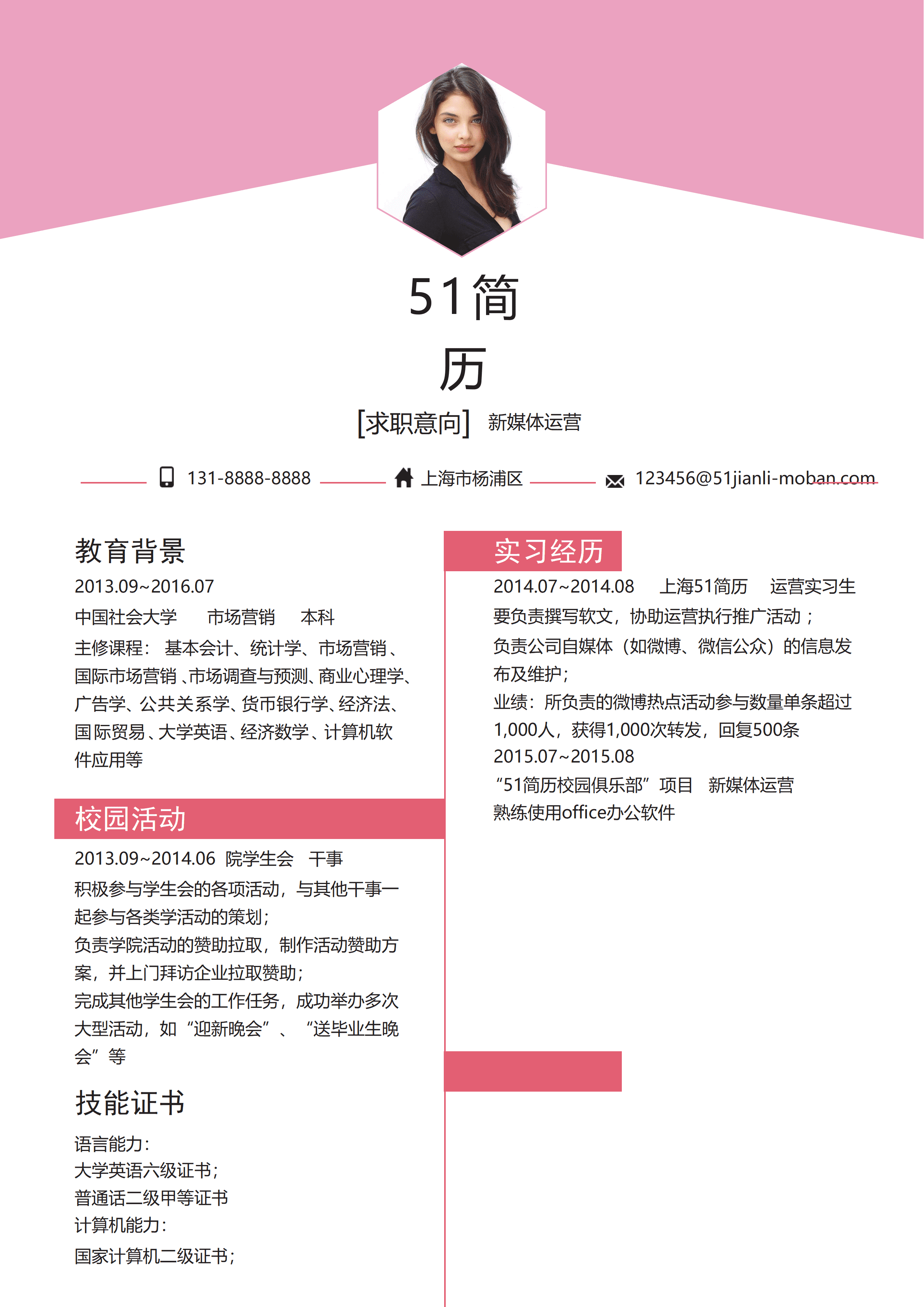 ELSS-003免费少女粉多媒体运营简历word简历模板/