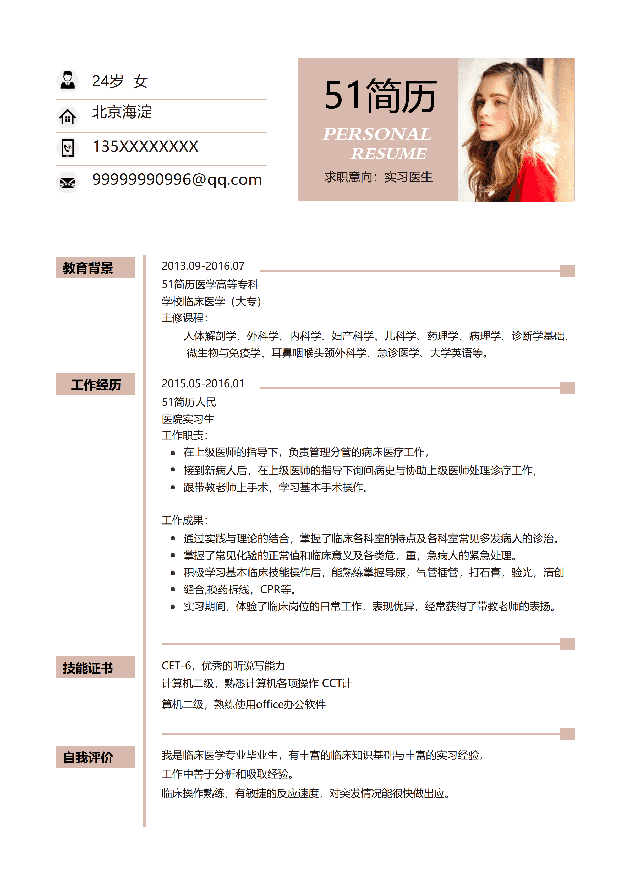 WY-0019粉色系实习医生简历个人简历模板/