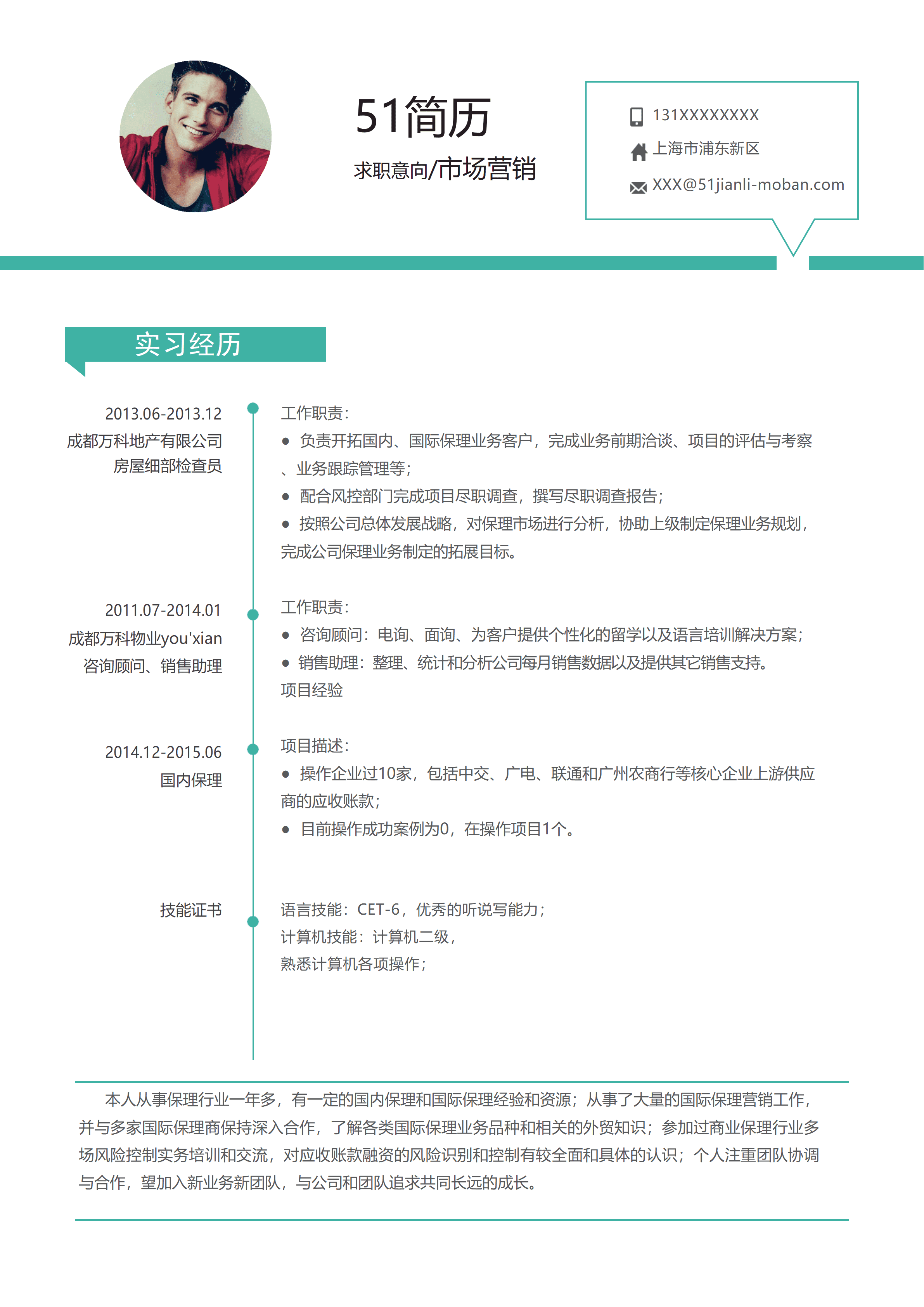 LYZW-2028绿白简洁通版市场营销word个人简历模板/